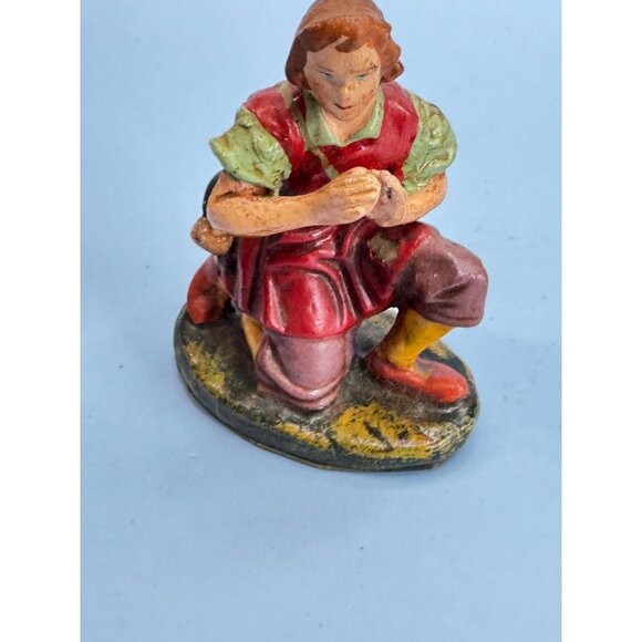 Vintage Italian Paper Mache Figurine Of Kneeling Boy with Horn In Red Outfit - Picture 2 of 5